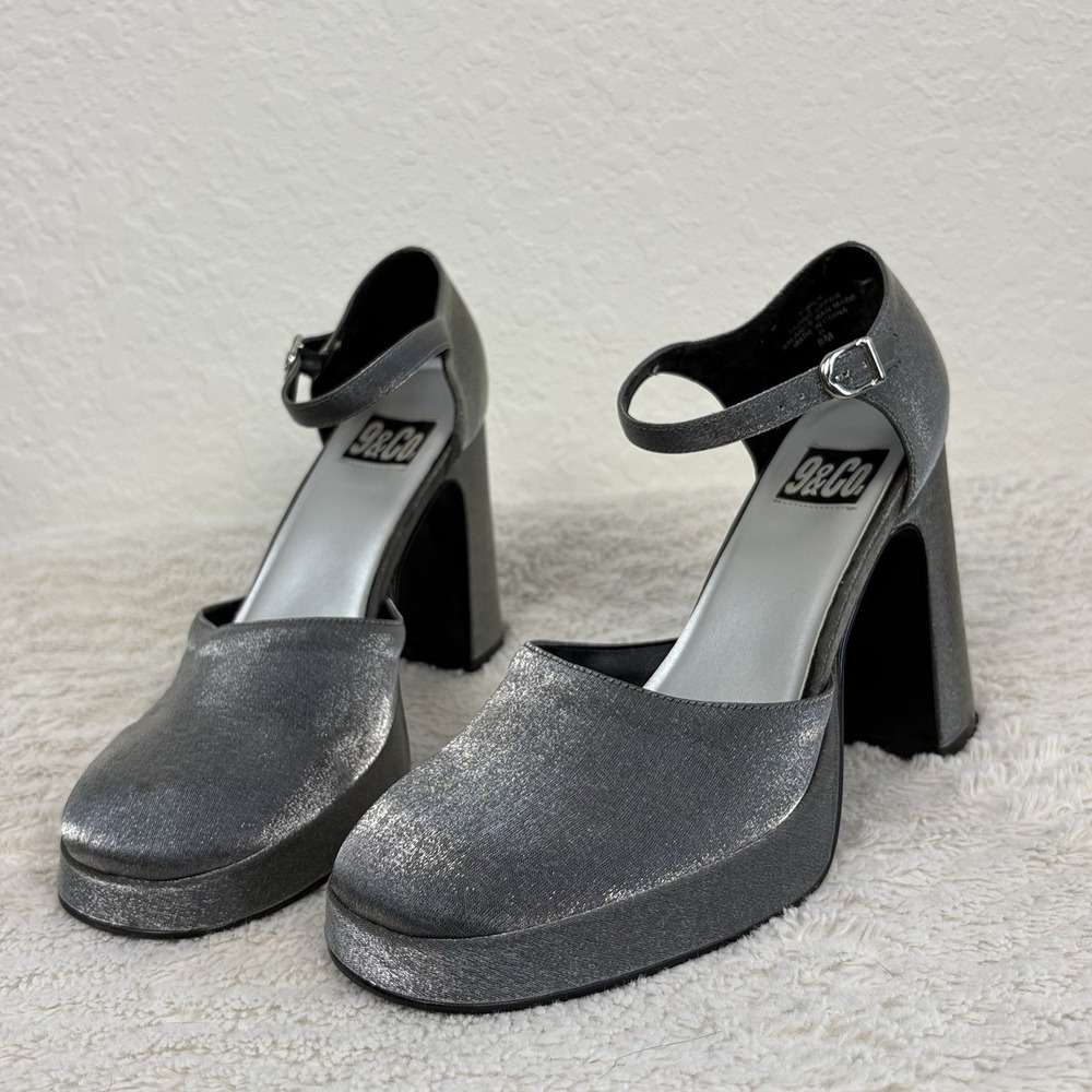Vintage Y2k Platform Heels Size 8 Silver Glitter Block Chunky Fairy Strap 4" in